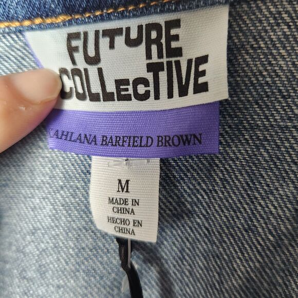 Future Collective Kahlana Barfield Brown Women's Asymmetrical Jean Jacket MED - Picture 2 of 12
